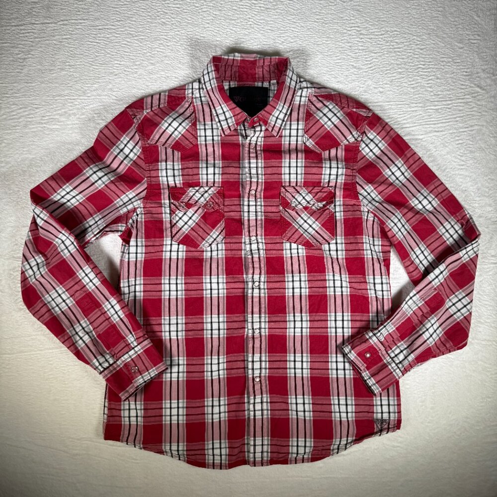 Guess Shirt Mens Large‎ Plaid Western Pearl Snap Pockets Embroidered Casual